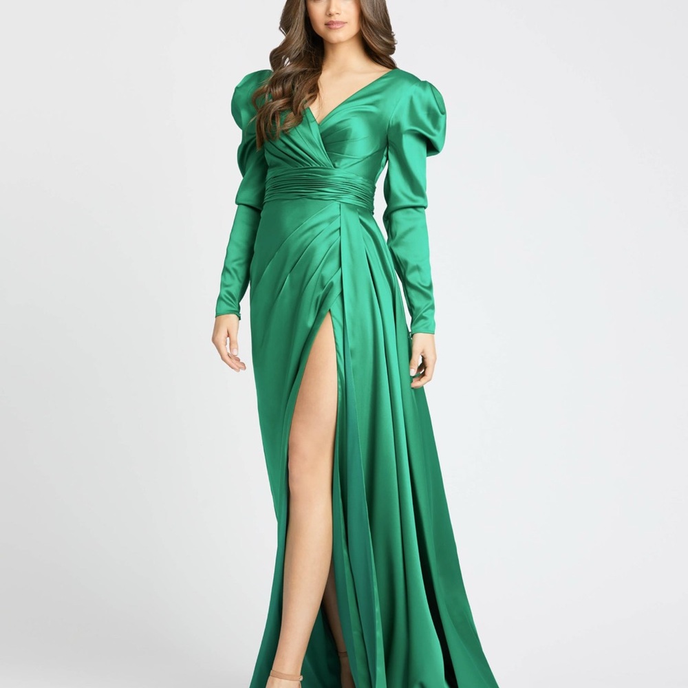 Mac Duggal Green Satin Long Sleeve Dress